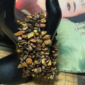 Semiprecious Tigers Eye Stone Crystal Wide 1.5” Band Bracelet 7”L Elastic EVC